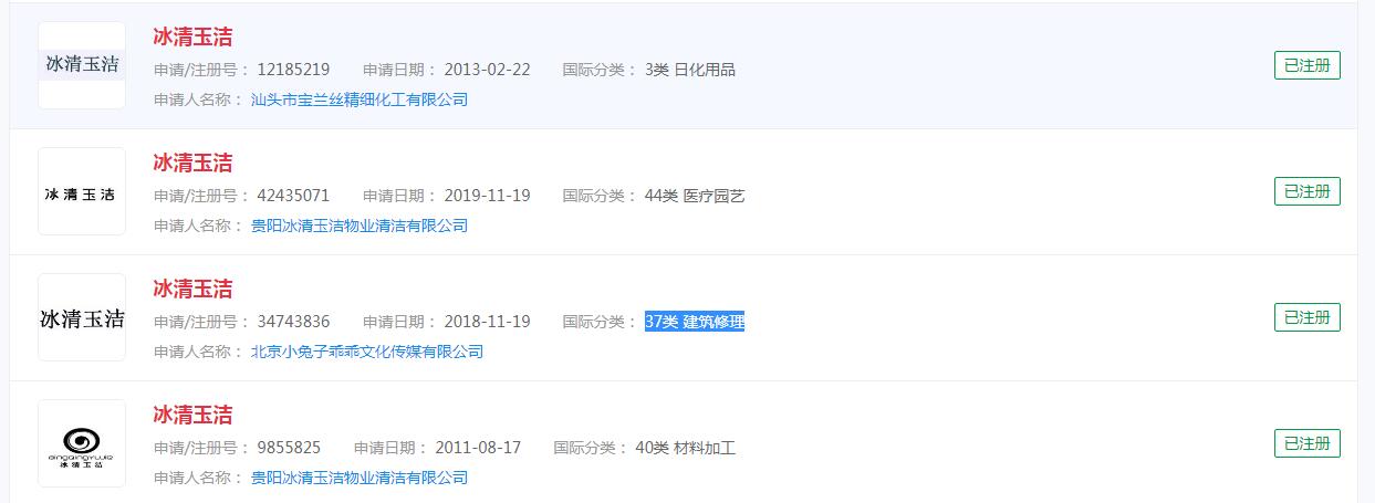 #冰清玉潔#申請商標成功，分類不盡相同