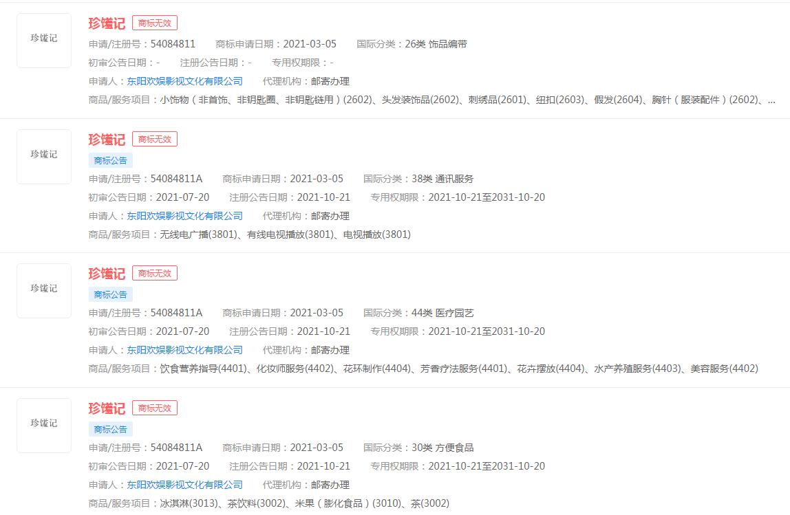 電視劇《珍饈記》商標申請無效