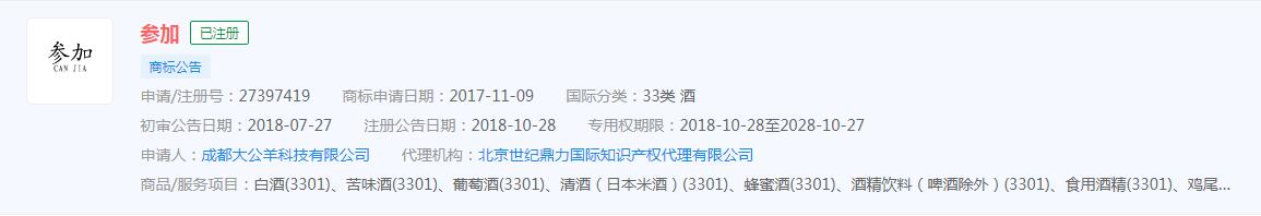 “參加”申請商標獲批，分類涉及酒類，食品