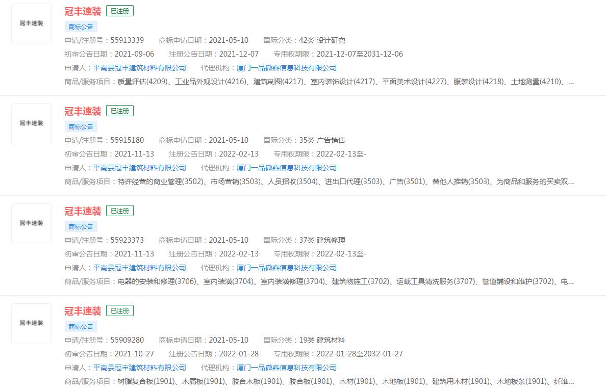 一品知識產權助冠豐建筑材料有限公司成功注冊“冠豐速裝”商標 一品知識產權助冠豐建筑材料有限公司成功注冊“冠豐速裝”商標