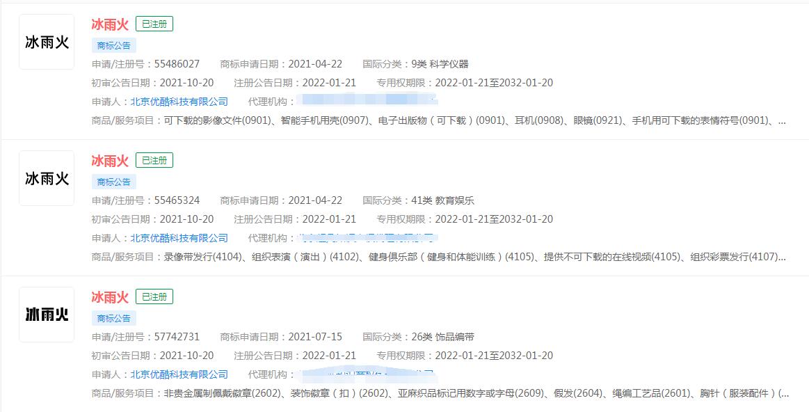 電視劇“冰雨火”已被優酷注冊商標，分類涉及飾品編帶、科學儀器、教育娛樂