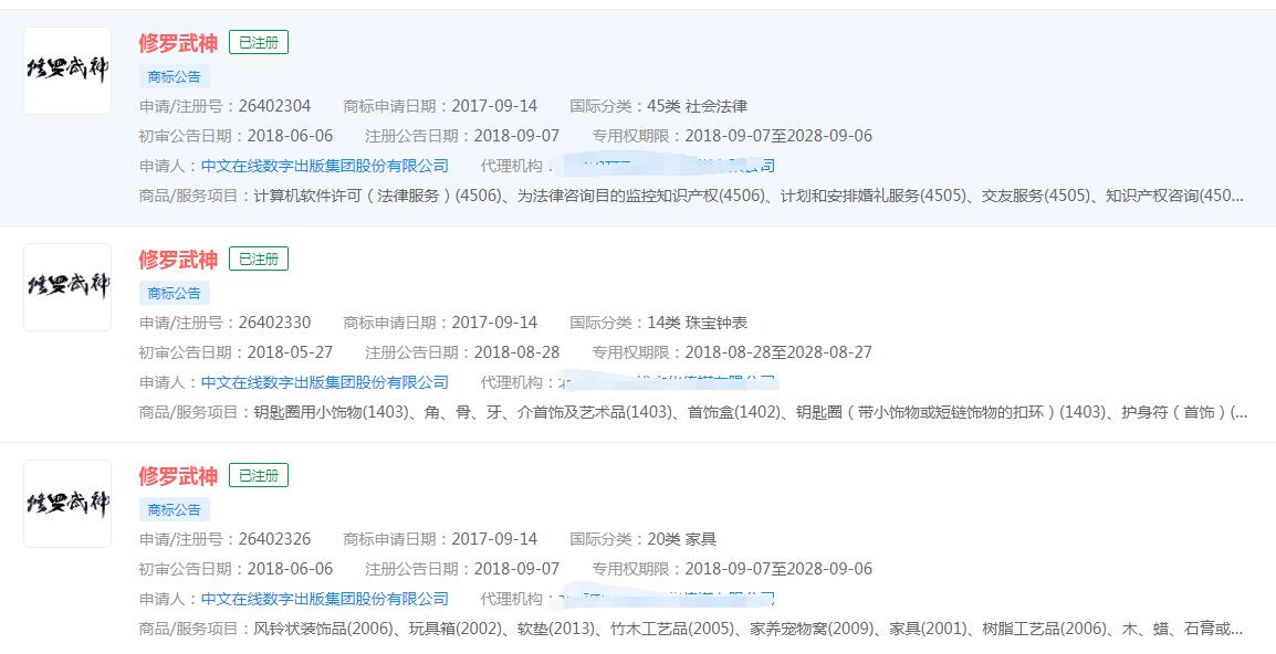 小說：《修羅武神》已被不同公司注冊商標，分類涉及不同
