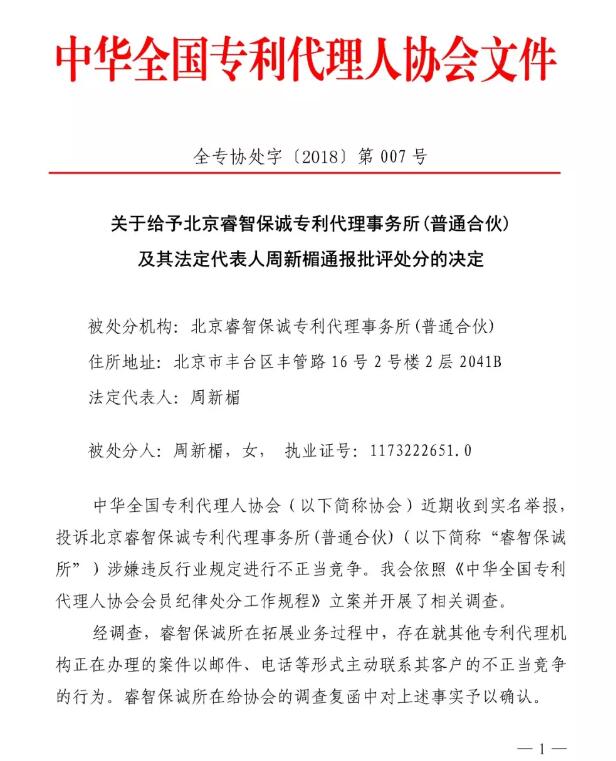 6家知識產權代理公司因不正當競爭等被通報批評（處分決定書全文）