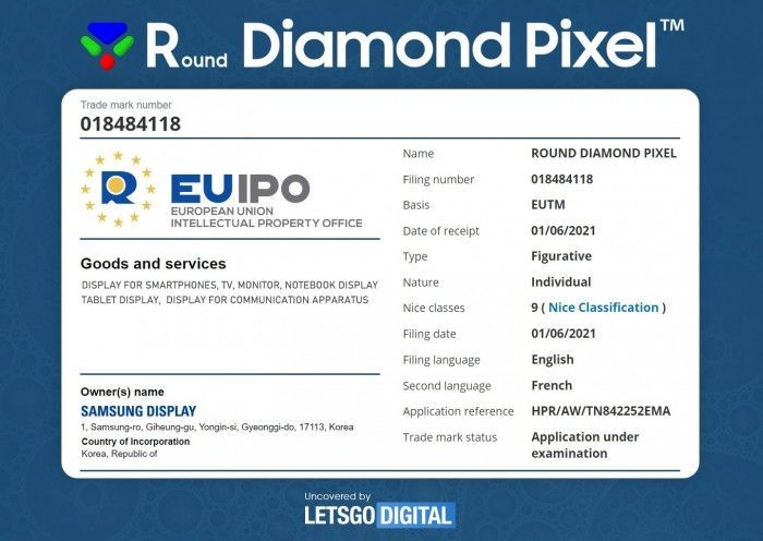 2021年6月3日三星向歐盟、英國和韓國知識產權局（KIPO）提交“Round Diamond Pixel”商標注冊申請